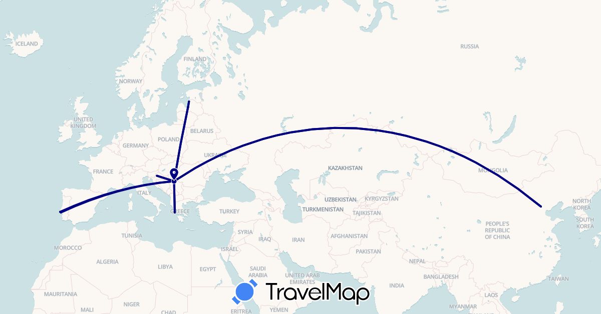 TravelMap itinerary: driving in China, Greece, Croatia, Latvia, Portugal, Serbia (Asia, Europe)